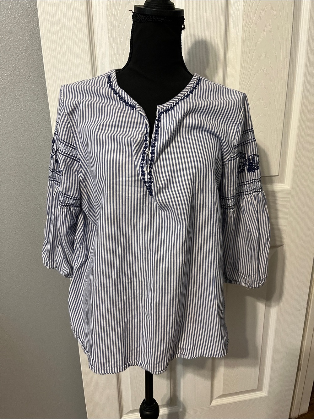 St. John’s Bay Blue & White Striped Tunic with Navy Embroidery